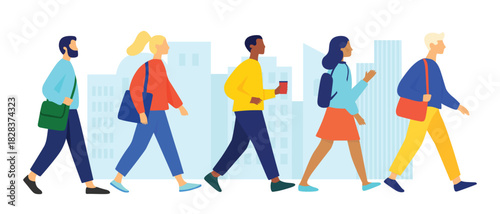 Diverse group of people walking on the street against city skyline background flat vector illustration.