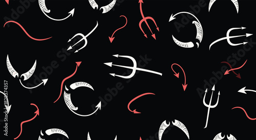Hand-drawn seamless pattern featuring devilish elements such as tridents, demon horns, and directional arrows in red and white on black.