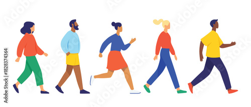 Diverse group of people walking and running active healthy lifestyle concept flat vector illustration.