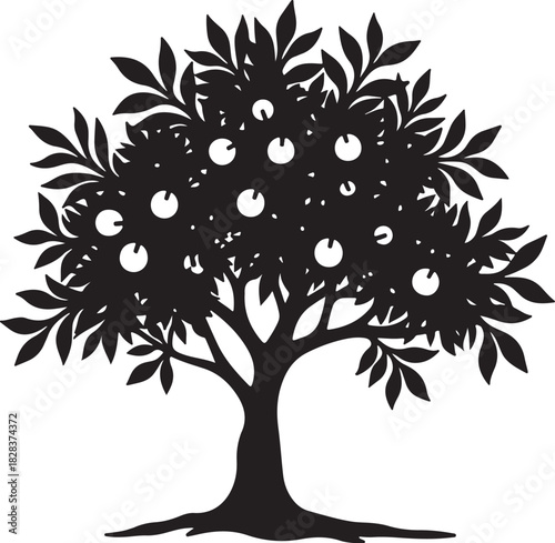 Black silhouette of a fruit tree with round fruits