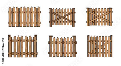 Collection of traditional wooden fence designs and garden gates, featuring various styles of pickets, posts, and cross-bracing.