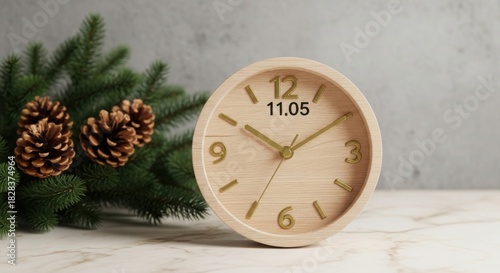 Wooden alarm clock displays time next to holiday pine branches for seasonal advertising.