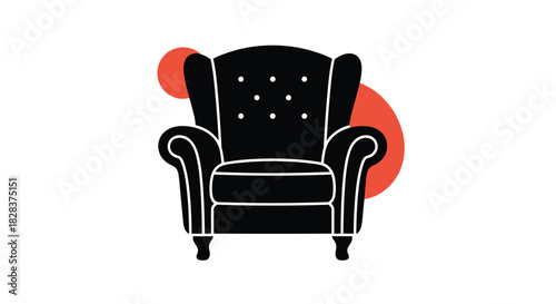 A stylish black wingback armchair with white button tufting, highlighted by abstract red circles on a clean white background.
