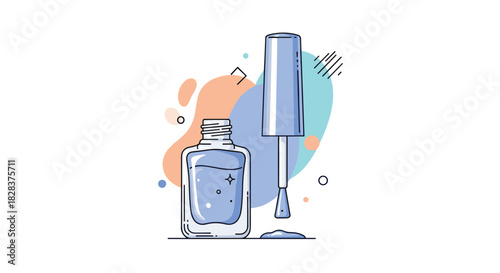 Illustration of an open bottle of light blue nail polish with its brush applicator and a spilled drop, set against colorful abstract shapes.