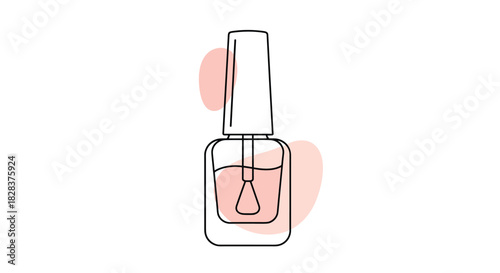 Minimalist line art illustration of a nail polish bottle with light pink polish and abstract shapes, perfect for beauty and cosmetic themes.