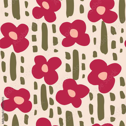 Hand painted round four petal flowers with stems, as a maximalist botanical pattern in magenta, peach and olive green on beige background. Floral seamless vector pattern. Great for home decor, fabric.