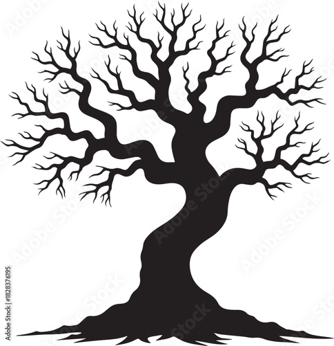 Black silhouette of a gnarled bare tree with spreading roots