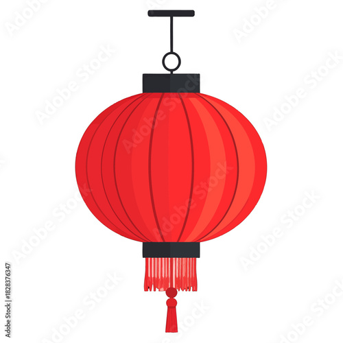 A Traditional Red Chinese Lantern Hanging With Tassels And Decorative Details illuminated indoors