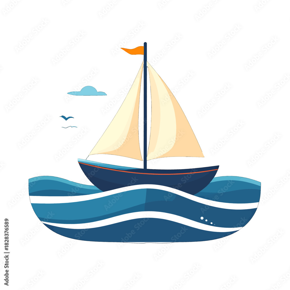 Fototapeta premium Pixel Art Sailboat on Blue Waves Under a Cloudy Sky with Orange Flag and Flying Birds