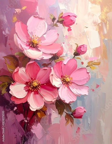 Soft-hued artistic rendering of pink flowers, buds, and green leaves against painterly background