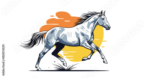 Dynamic illustration of a galloping white horse, running freely against a vibrant sunset sky, embodying strength and movement.