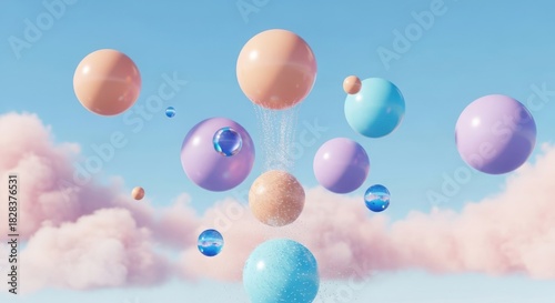 Fototapeta Naklejka Na Ścianę i Meble -  Abstract floating spheres dreamy sky clouds pastel colors