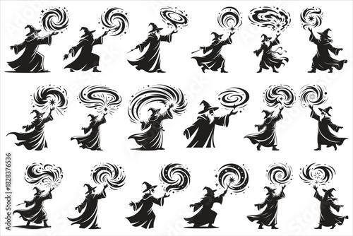 A striking black and white silhouette illustration featuring a mysterious wizard casting a powerful spell