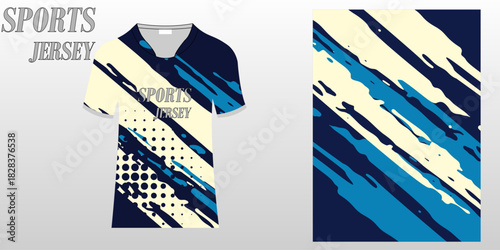 T-shirt sport jersey design template with abstract grunge halftone pattern background. Sport uniform in front view. Shirt mock up for sport club.