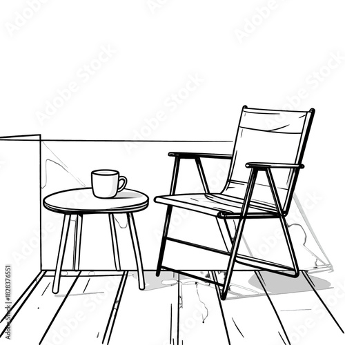 Minimalist Sketch of a Foldable Chair and Round Side Table with Coffee Cup on Wooden Floor in Bright Room