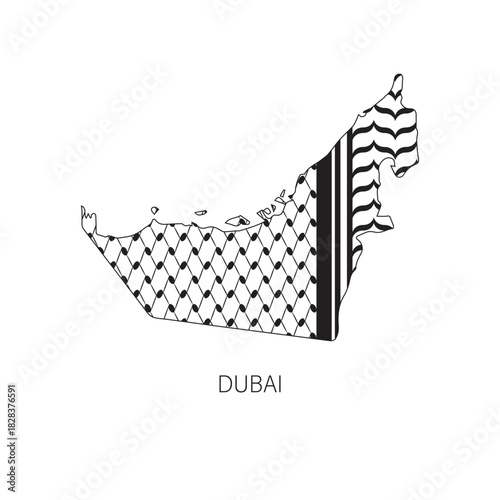 Dubai Map with keffiyeh pattern. isolated on black background, vector illustration for banner, t-shirt, poster, sticker, badges, social media design
