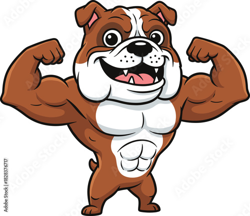 Cartoon bulldog flexing muscles, muscular pet character sketch, confident animal pose vector, fitness mascot illustration, humorous strength concept