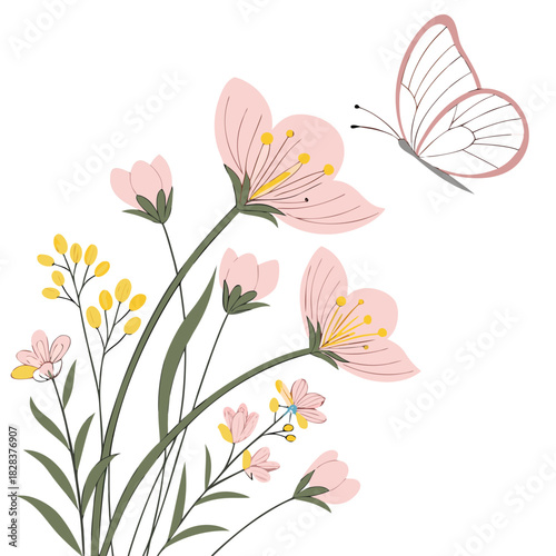 Vector illustration of delicate pink cosmos flowers in bloom with a butterfly on transparent Background, perfect for holyday card and dacor. Beautiful pink cosmos flowers with green leaves & butterfly