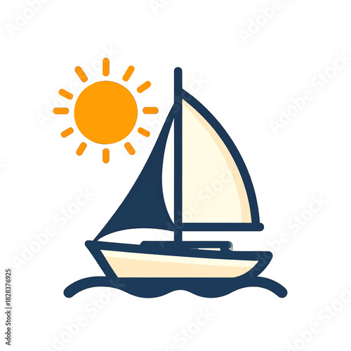 Sailboat on Wavy Water Under Bright Orange Sun and Blue Sky