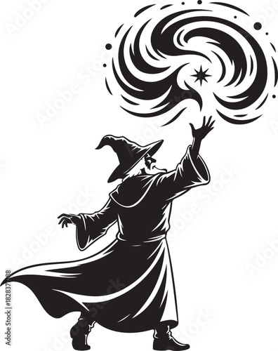 A striking black and white silhouette illustration featuring a mysterious wizard casting a powerful spell