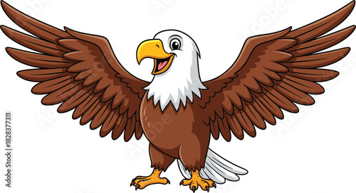 Cartoon bald eagle with spread wings, cheerful bird character sketch, yellow beak vector, freedom symbol illustration, educational wildlife concept