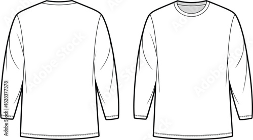 Basic round neck long sleeve t-shirt flat sketch, front and back view, casual fashion CAD drawing, vector apparel illustration