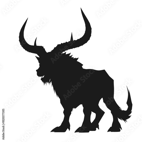 Silhouette of a mythological horned creature with large curved horns and a mane against a white background