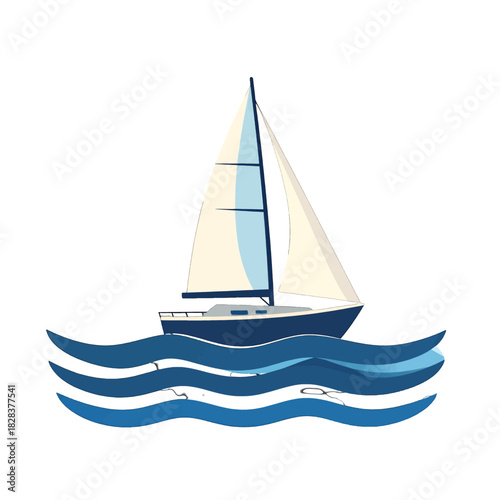 Classic Sailboat with White and Blue Sails Navigates Across Wavy Blue Ocean Waters Under Clear Skies
