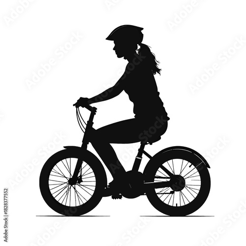 Silhouette Of A Woman Wearing A Helmet Riding A Bicycle With Large Wheels And Suspension System On A White Background Detailed Outline