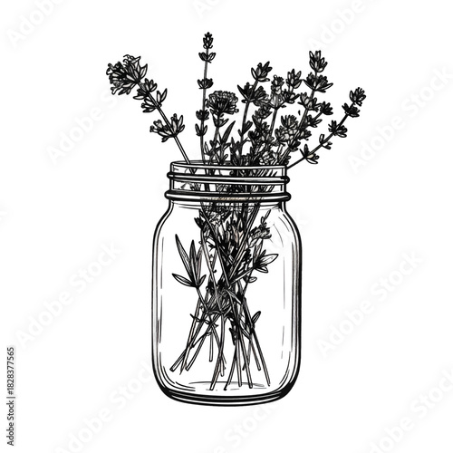 Black and White Sketch of Lavender Sprigs in a Mason Jar Transparent Background Hand Drawn Style