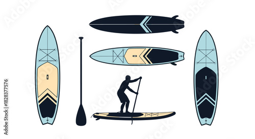 Vector illustration of stand-up paddleboarding gear, featuring multiple SUP board designs, a paddle, and a person enjoying the sport.