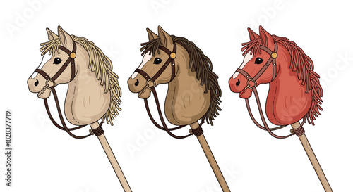 Three illustrated hobby horses on sticks, featuring different colors and bridles, presented on a clean white background.
