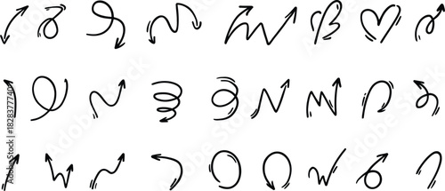 Cute line doodle arrows set. Comic, cartoon motion expression design elements. Bounce, swirl, twist, movement effect  black and white line art