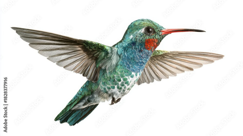 Fototapeta premium A beautiful hummingbird flits gracefully in mid air displaying its vibrant green and red feathers under bright light. This scene highlights the bird's agility and charm in nature.