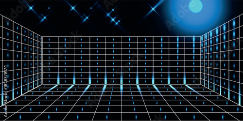 Futuristic digital room with glowing blue grid lines and stars in a virtual reality cyberspace.