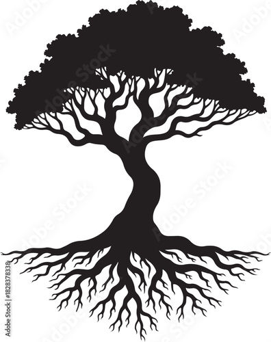 Black silhouette of a large tree with sprawling roots
