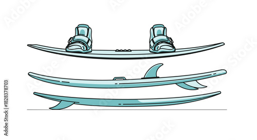 Stylized illustration featuring a wakeboard with bindings, a classic surfboard with fins, and a modern skimboard for water recreation.