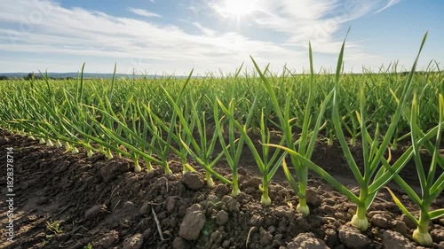 Rows Of Young Green Onion Plants Growing In Fertile Soil Under Bright Sunlight In A Field With A Blue Sky And Wispy Clouds