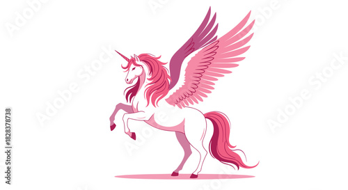 A majestic pink winged unicorn, a mythical creature symbolizing magic and grace, rears up on its hind legs in a vibrant vector illustration.