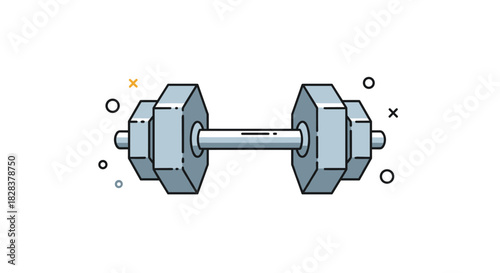 A stylized illustration of a dumbbell with hexagonal weight plates, depicting fitness, strength, and exercise in a clean, modern graphic style.