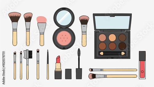 Makeup Tools Illustration Eye Shadow Brushes Lipstick Mascara and Blush