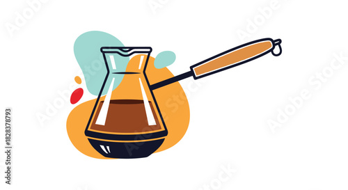 Modern flat illustration of a traditional Turkish coffee pot, known as a Cezve, filled with brewing coffee, set against colorful abstract shapes.