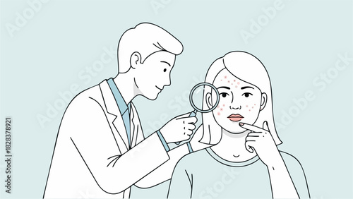 Dermatologist Examining Acne Prone Skin with Magnifying Glass