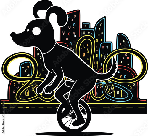 Cartoon dog riding unicycle, colorful city skyline, glowing roller coaster trails, surreal urban fantasy, whimsical animal illustration, playful street scene
