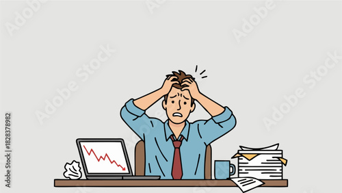 Frustrated Businessman with Declining Sales Graph on Laptop Business Crisis Vector Illustration