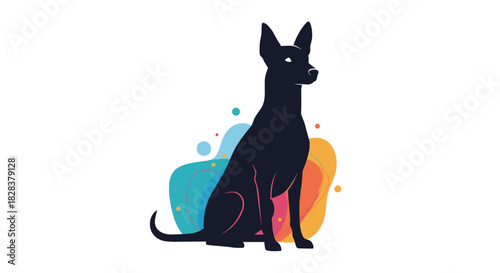 A minimalist black dog silhouette sits calmly with perked ears, looking to the right, against a vibrant abstract background of colorful, fluid shapes.