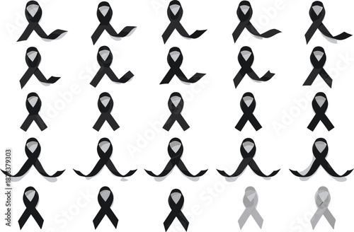 Awareness ribbon icons, black ribbon set, cause support symbols, memorial graphics, health campaign vector, grayscale ribbons, charity design elements