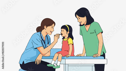 Pediatric Checkup Doctor Examining a Young Girl with Nurse Observing Vector Illustration