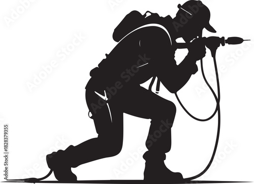 Black silhouette of a person drilling with a tool vector