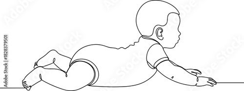 Baby tummy time illustration, black white line drawing, infant development pose, crawling position sketch, vector art, minimal background, parenting concept